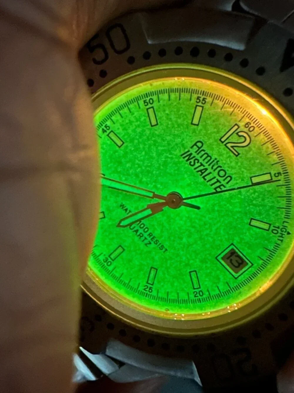 Armitron Watch Men Silver Tone Instalite Green Dial Stainless Steel New Battery